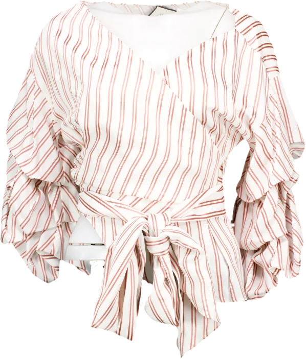 Alexis White Striped Bubble Sleeve Wrap Blouse UK S