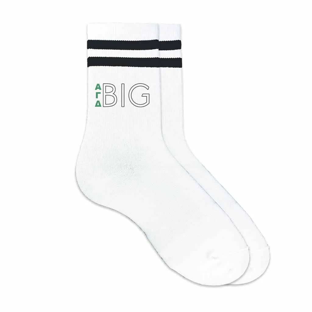 Alpha Gamma Delta Sorority Socks for your Big and Little with Greek Letters on Striped Cotton Crew Socks