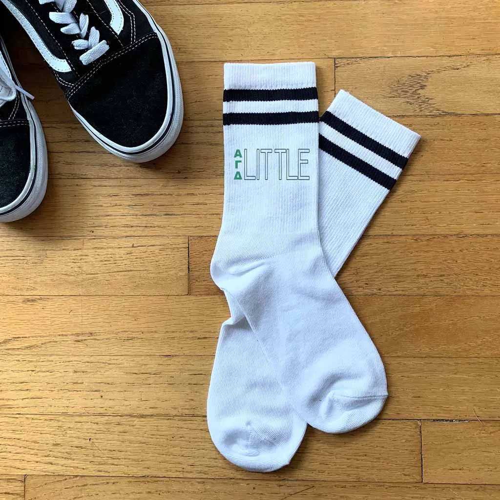 Alpha Gamma Delta Sorority Socks for your Big and Little with Greek Letters on Striped Cotton Crew Socks