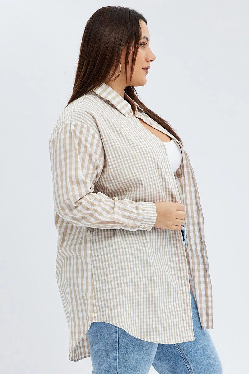 Beige Check Relaxed Shirt Long Sleeve Mixed Check