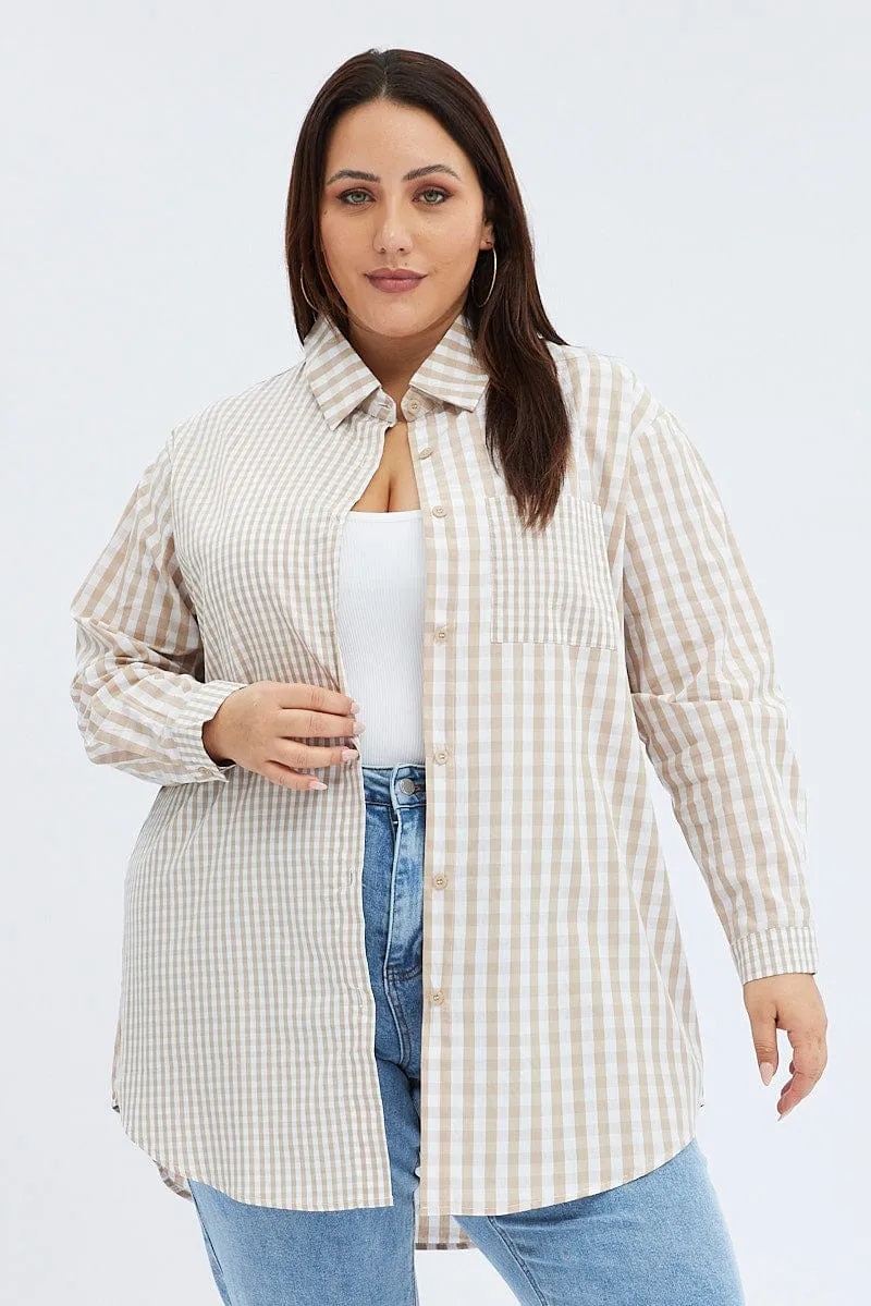 Beige Check Relaxed Shirt Long Sleeve Mixed Check