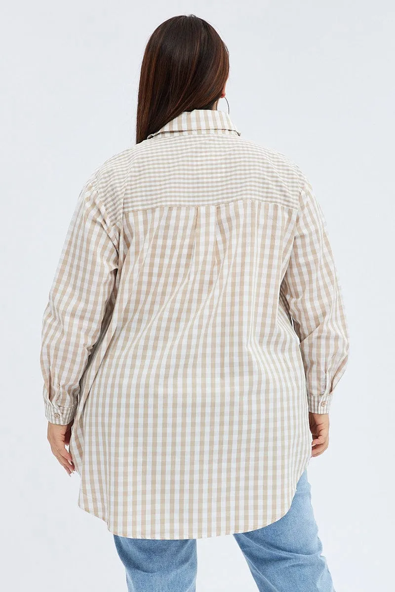 Beige Check Relaxed Shirt Long Sleeve Mixed Check