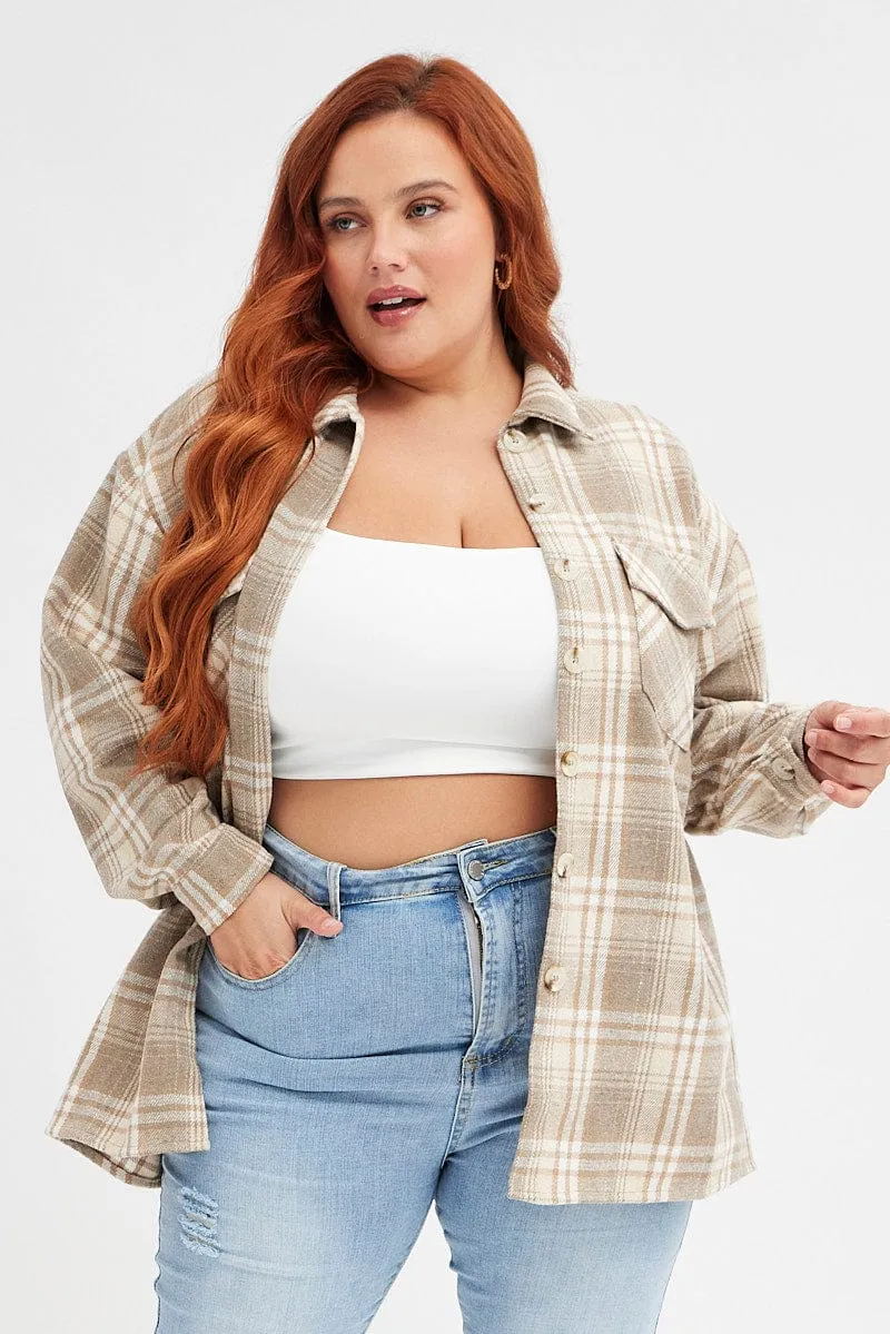 Beige Check Relaxed Shirt Long Sleeve