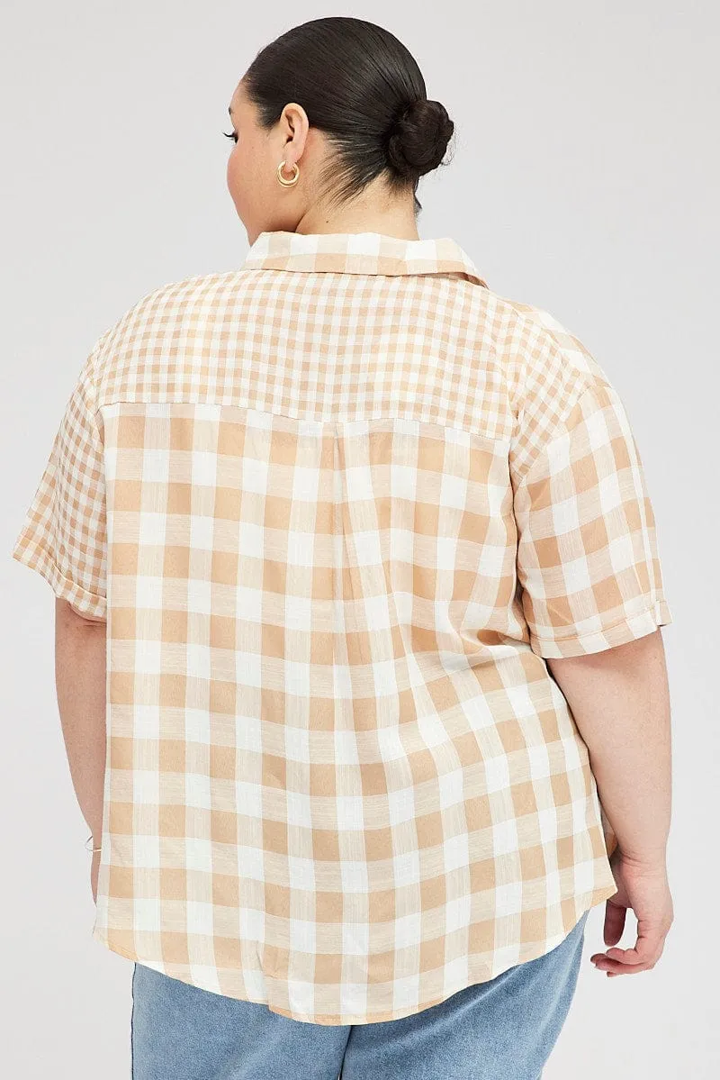 Beige Check Relaxed Shirt Short Sleeve V-Neck