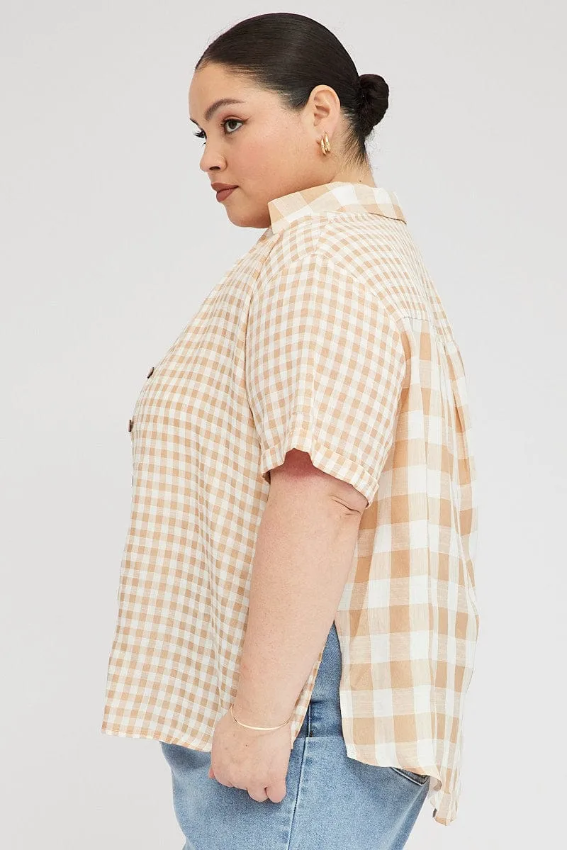 Beige Check Relaxed Shirt Short Sleeve V-Neck