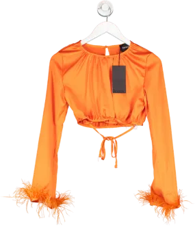 Bershka Orange Cropped Satin Blouse With Feather Trim UK S