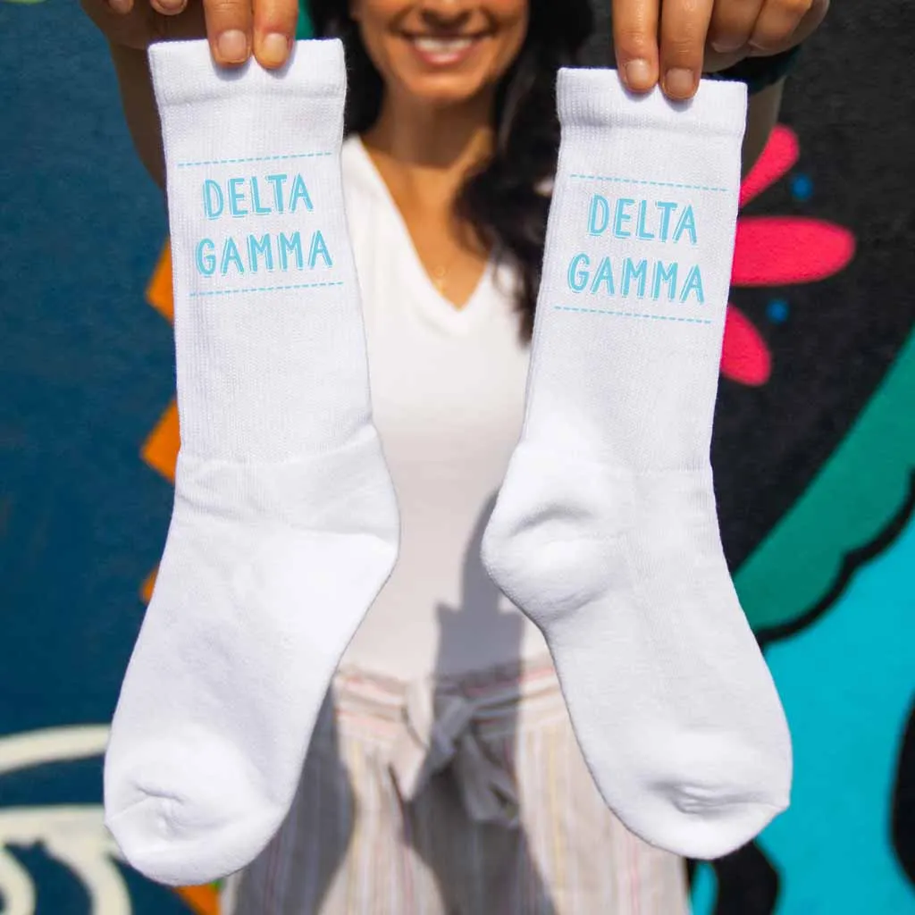 Delta Gamma Crew Socks with Delta Gamma Name in Sorority Colors