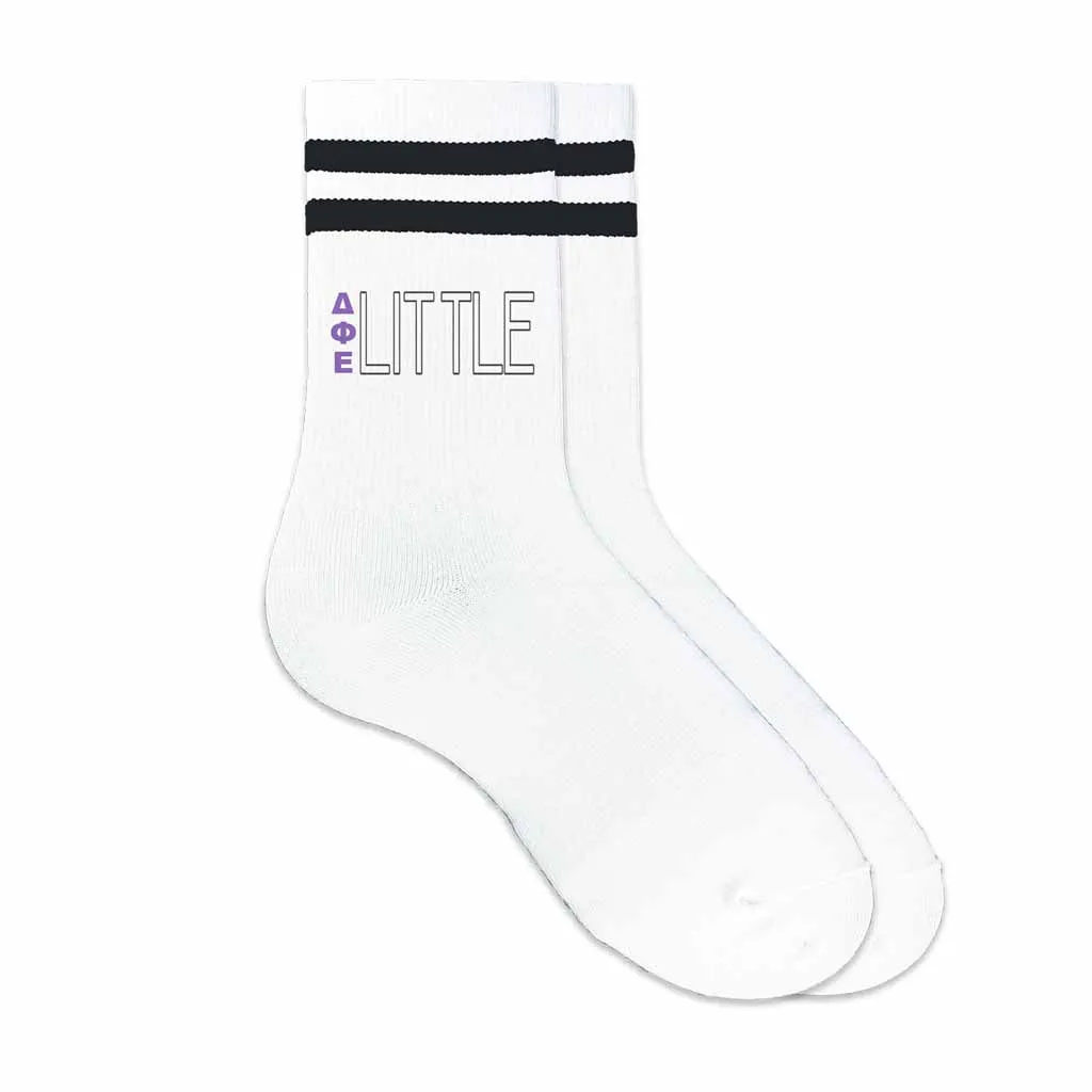 Delta Phi Epsilon Sorority Socks for your Big and Little with Greek Letters on Striped Cotton Crew Socks