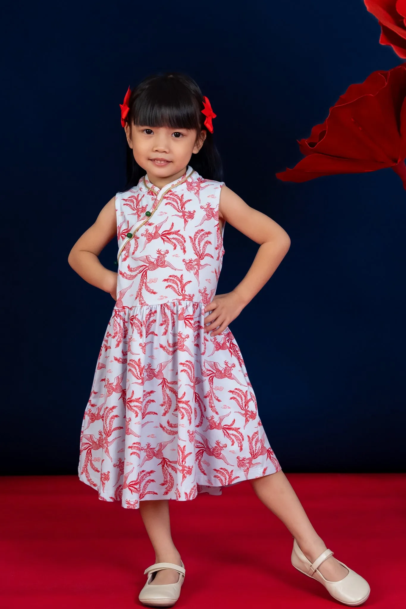 Jersey Luna Cheongsam - Blue-Red Phoenix