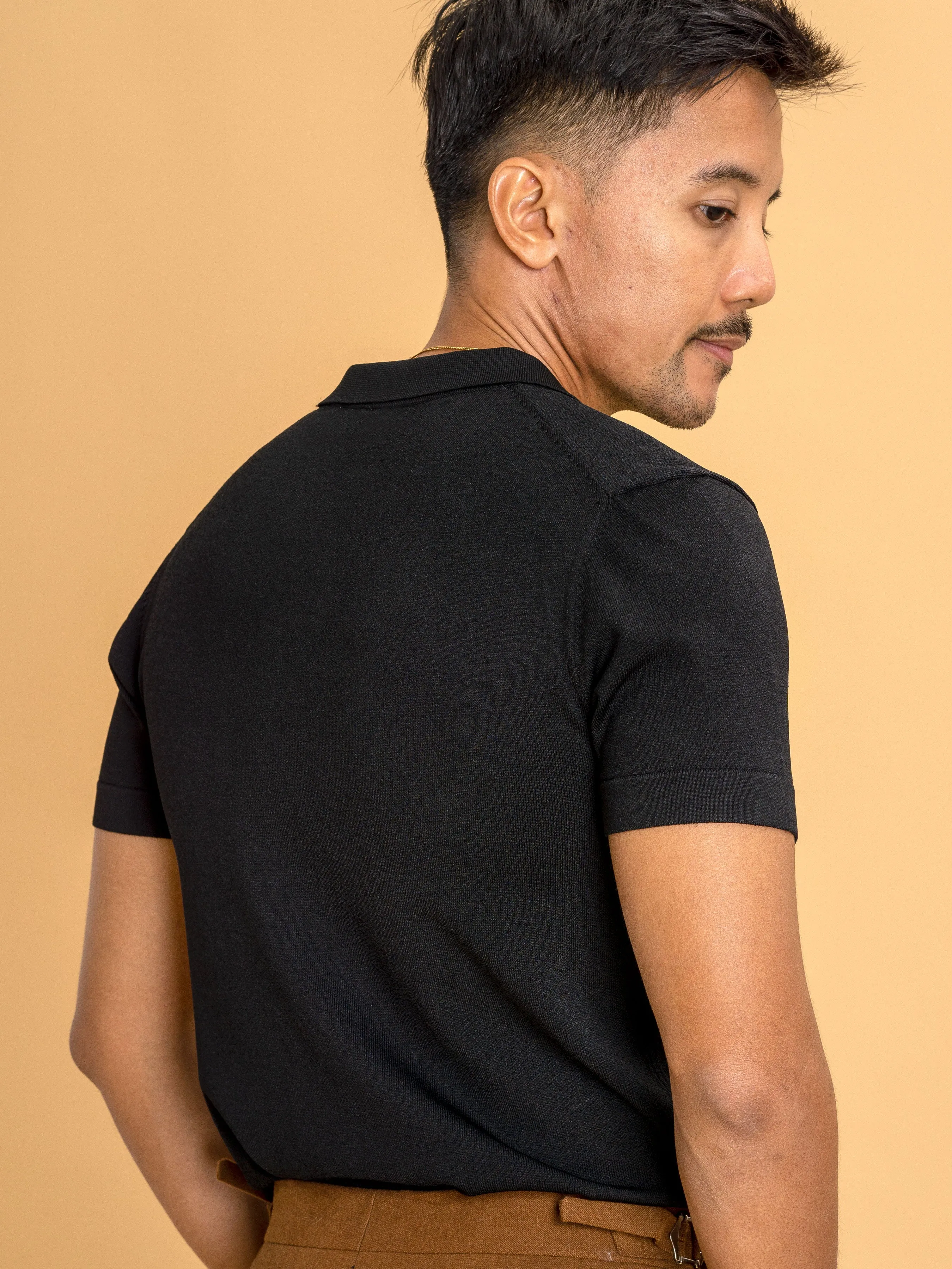 Knit Polo Tee - Black Open Collar