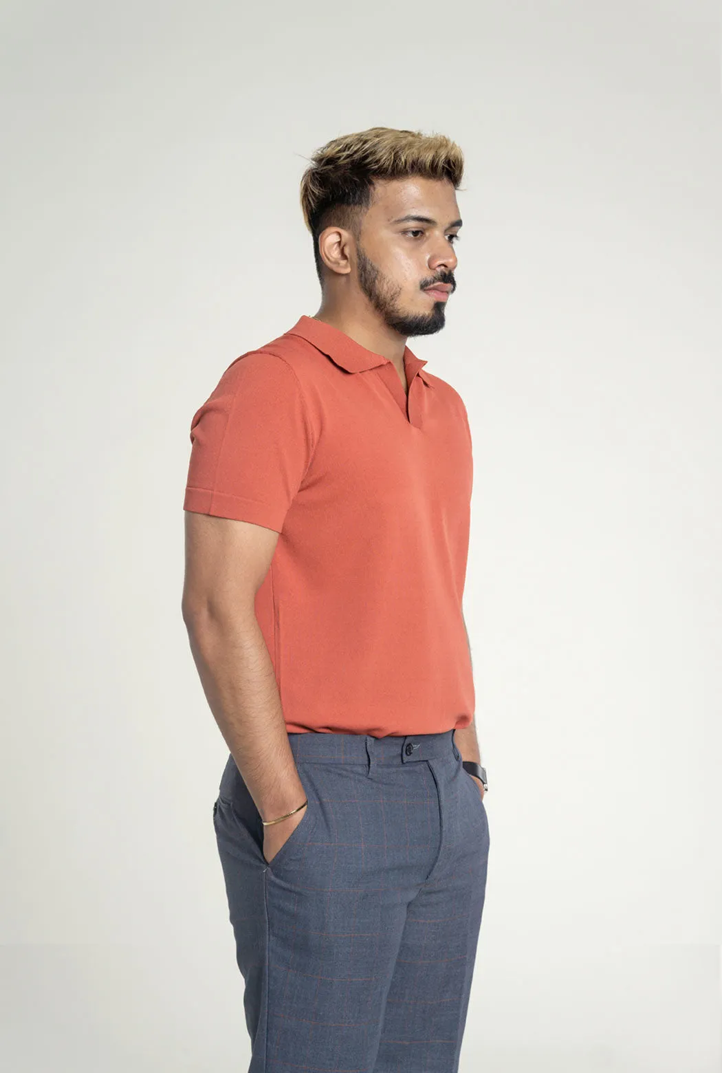 Knit  Polo Tee - Salmon Pink Open Collar