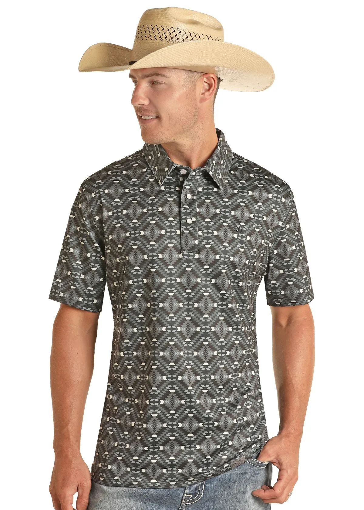 'Panhandle' Men's Aztec Print Performance Knit Polo - Black