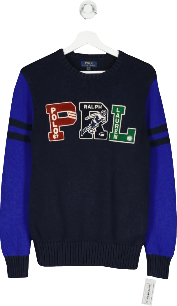 Polo Ralph Lauren Blue Prl Cotton Letterman Jumper UK XL