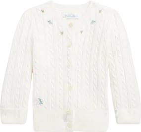 Polo Ralph Lauren White 100% Cotton Cable Knit Cardigan With Embroidered Logo And Flowers BNWT 3 Years