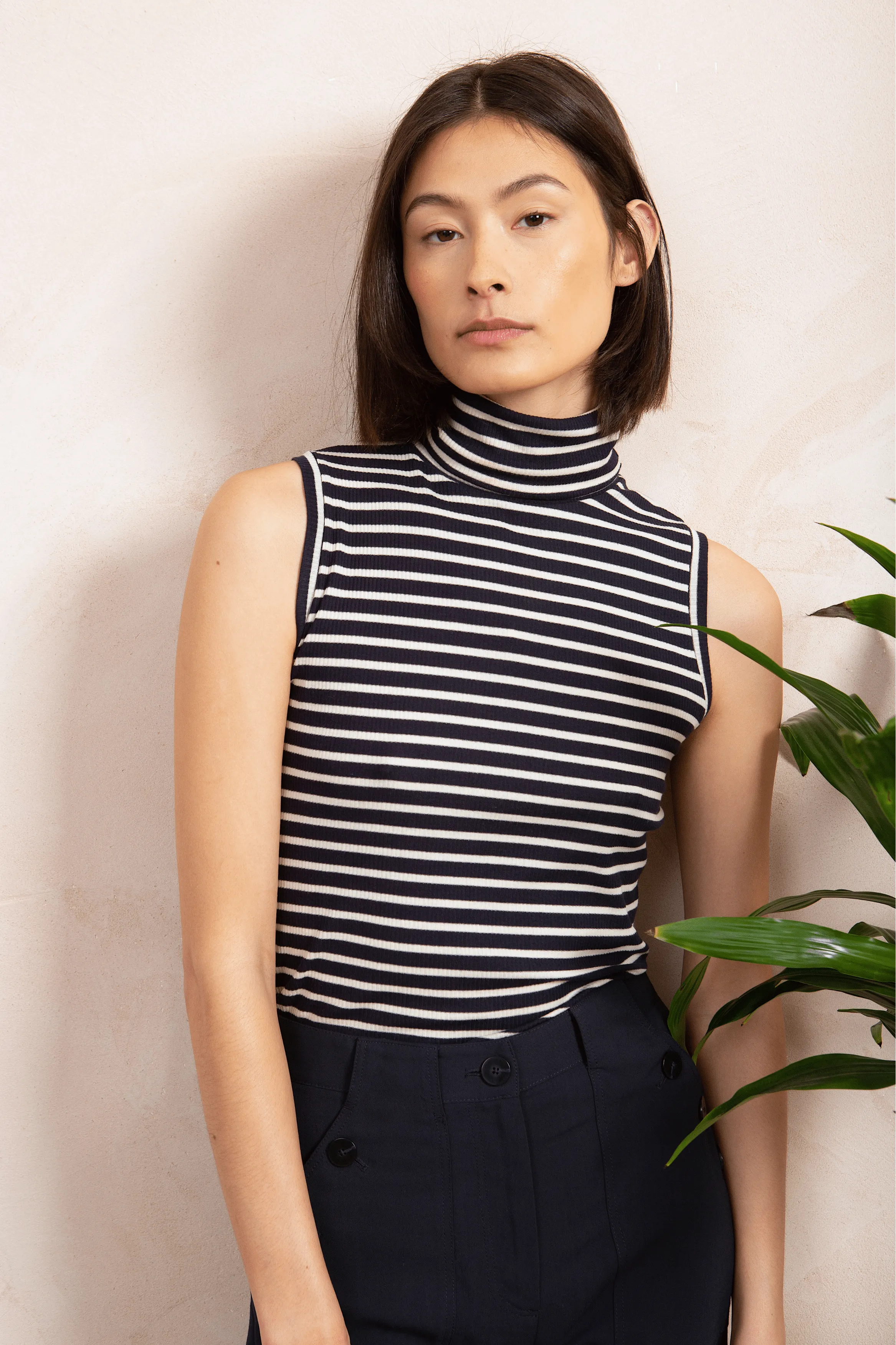 Sleeveless Striped Ribbed Cotton Roll Neck | Multiple Colours