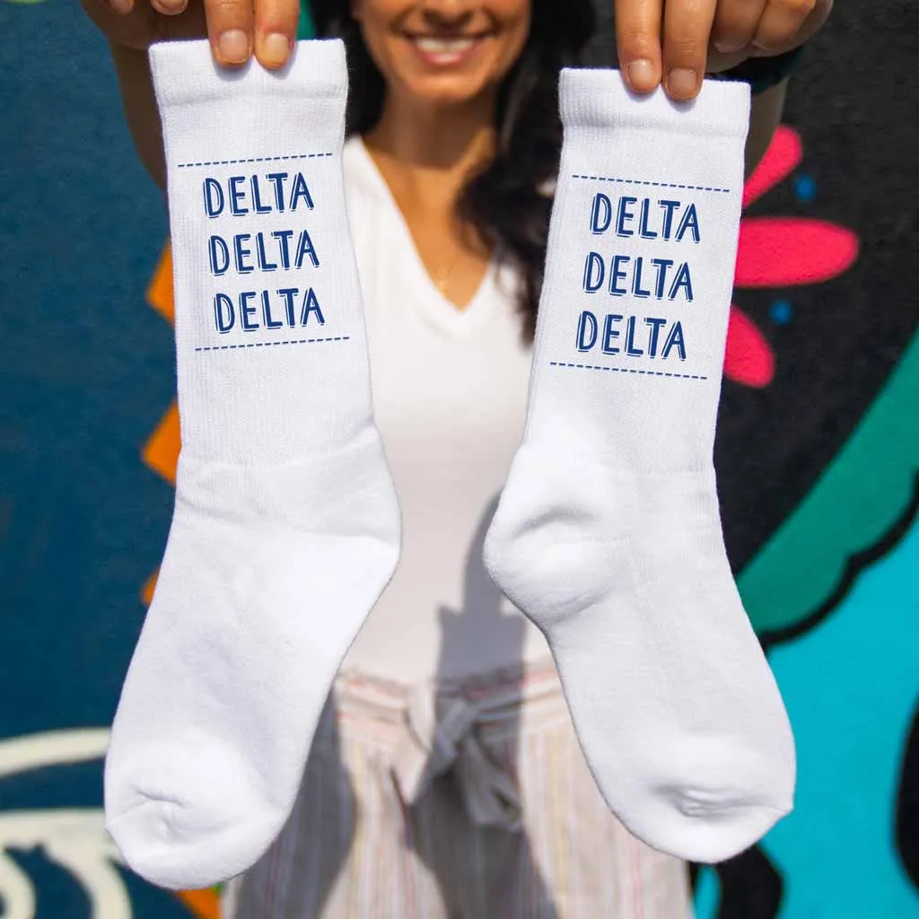 Tri Delta Crew Socks with Delta Delta Delta Name in Sorority Colors