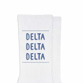 Tri Delta Crew Socks with Delta Delta Delta Name in Sorority Colors