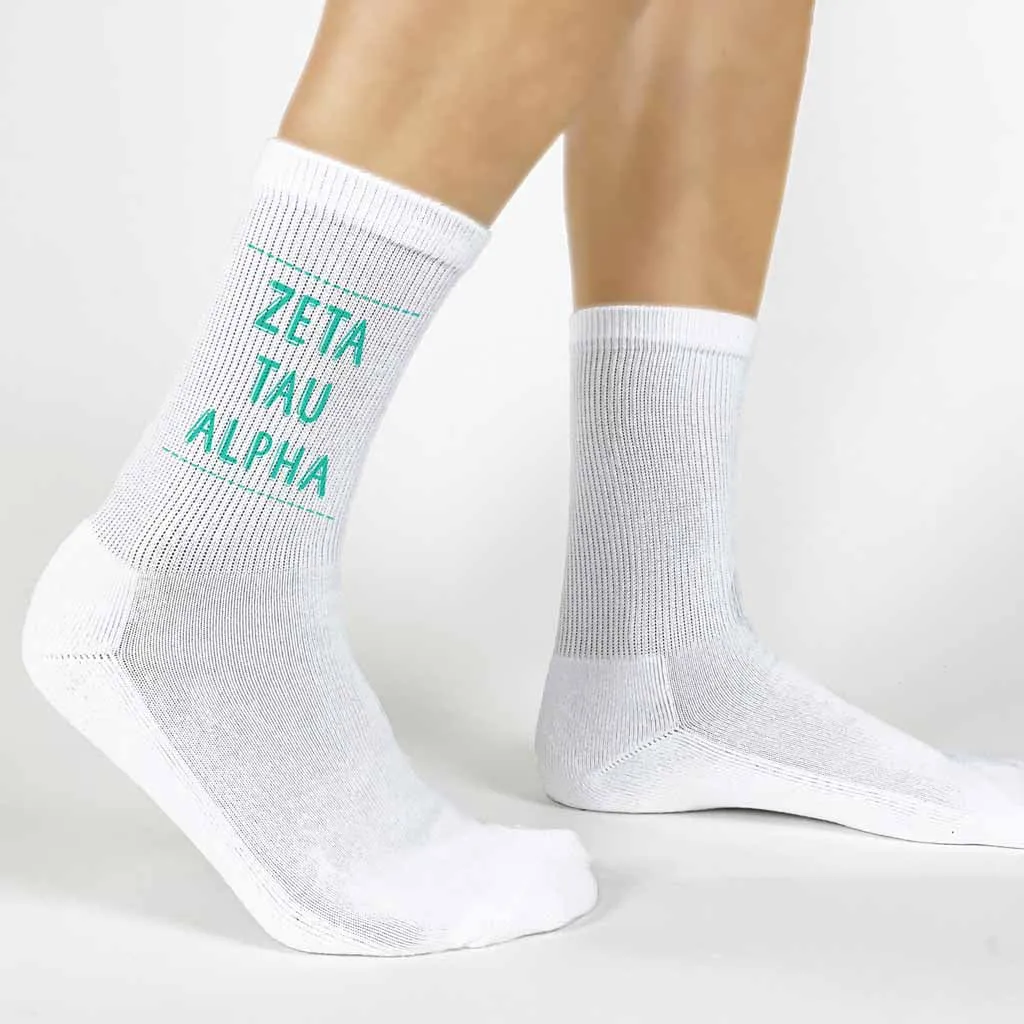 Zeta Tau Alpha Crew Socks with Zeta Tau Alpha Name in Sorority Colors