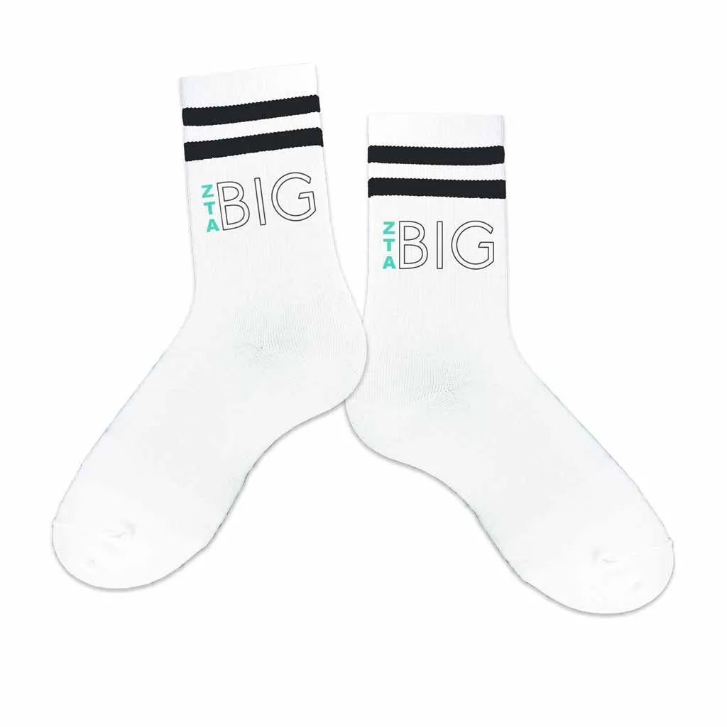 Zeta Tau Alpha Sorority Socks for your Big and Little with Greek Letters on Striped Cotton Crew Socks